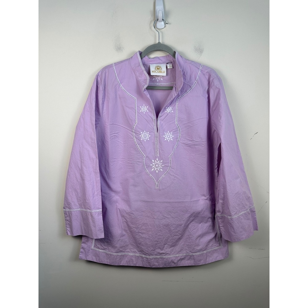 Nicoblu Tunic Top Women XL Lavender Good Embroidered Cotton Eyelet Long Sleeve